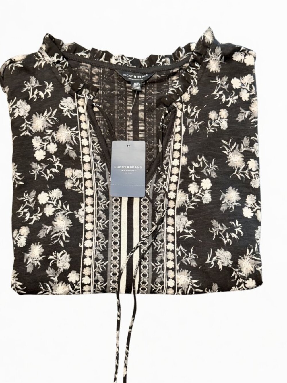 NWT Lucky Brand Black Floral Short Sleeve Peasant Boho Blouse Top Size M - Picture 3 of 11